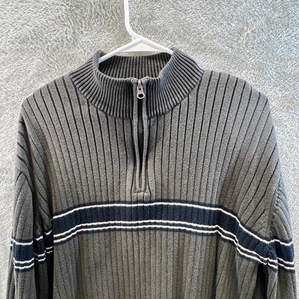 XG Mens Gray Ribbed 100% Cotton Quarter‎ Zip Striped Sweater Size Large Y2K 90s